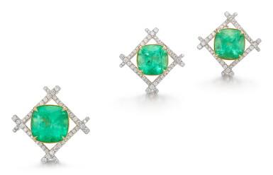 View full screen - View 1 of Lot 1147. EMERALD AND DIAMOND DEMI-PARURE | 祖母綠 配 鑽石 耳環及吊墜套裝.