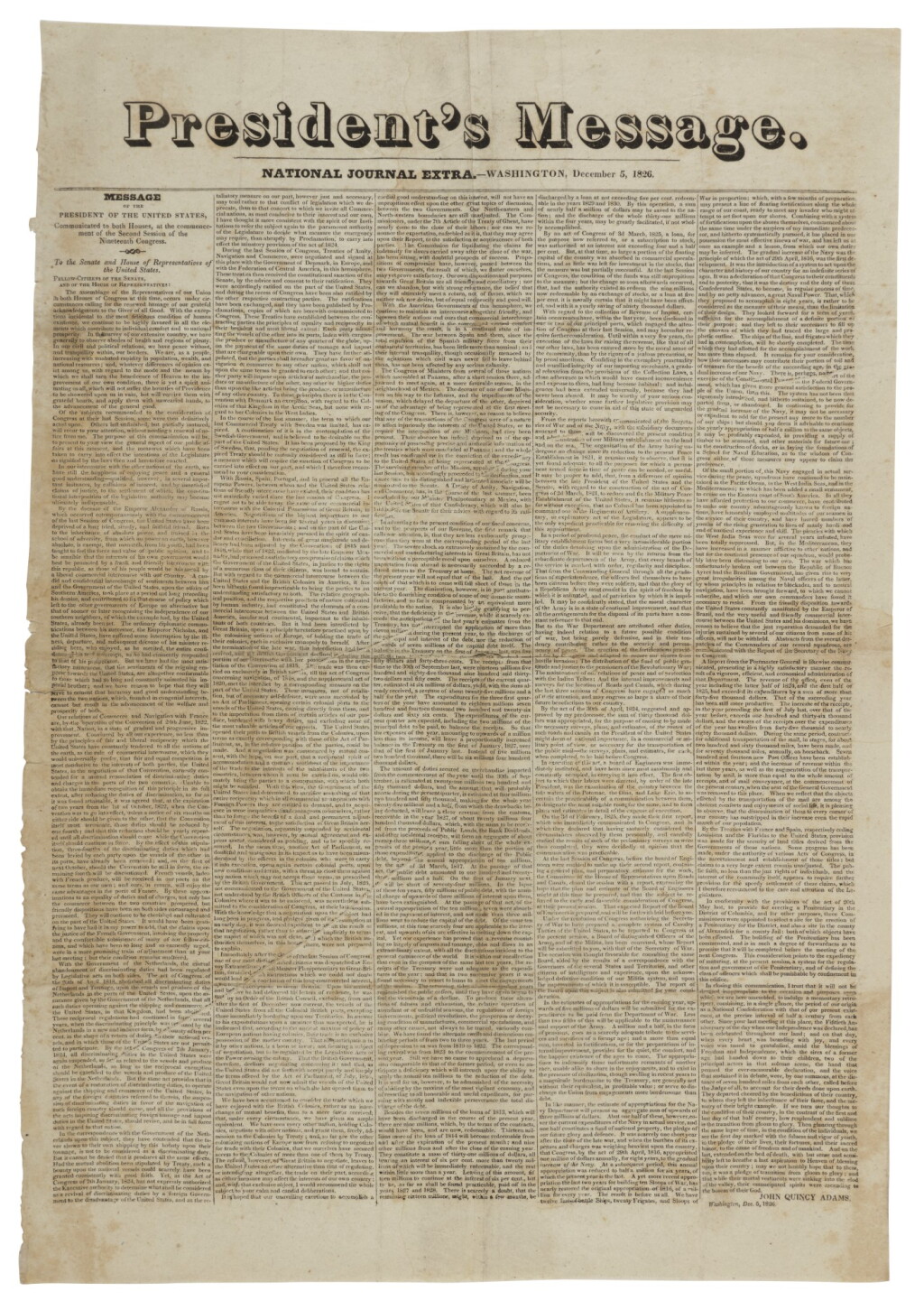 View full screen - View 1 of Lot 2. ADAMS, JOHN QUINCY | President's Message, in National Journal Extra. Washington, December 5, 1826.