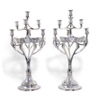 View full screen - View 1 of Lot 36. A Pair of continental silver 8-light Art Nouveau candelabra, marked 900M, circa 1900.