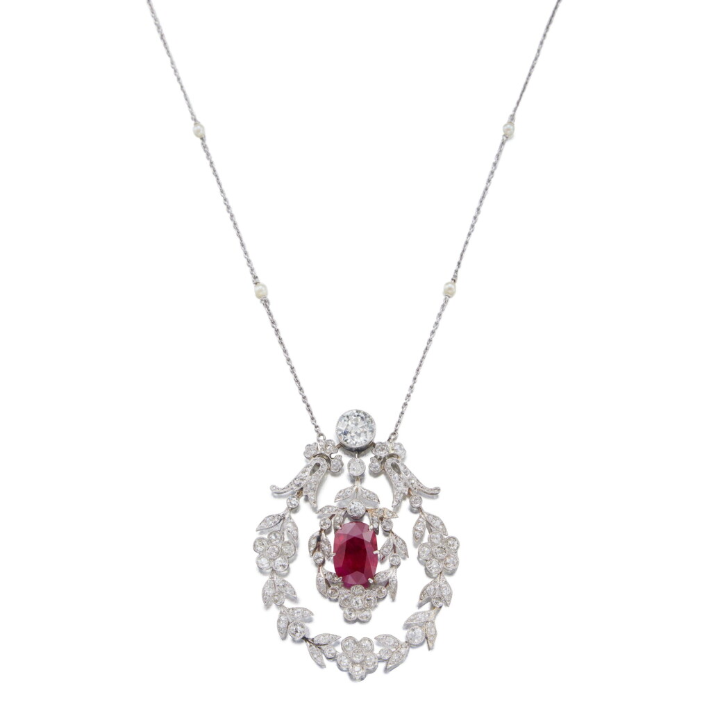 View full screen - View 1 of Lot 38. Ruby, Seed Pearl and Diamond Pendant-Necklace.