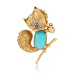 Turquoise, ruby and diamond brooch, circa 1960