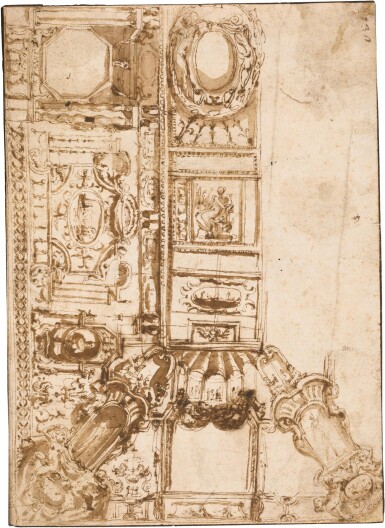 View full screen - View 1 of Lot 24. PIETRO BUONACCORSI, CALLED PERINO DEL VAGA | DESIGN FOR AN ELABORATE CEILING DECORATION.
