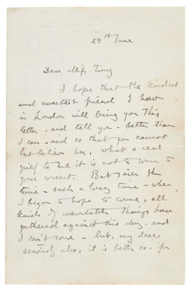 View full screen - View 1 of Lot 137. John Ruskin | Autograph letter signed, to Miss Tiny White, 29 June n.y..