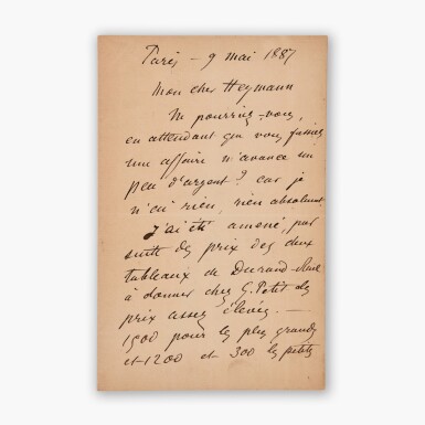 View full screen - View 1 of Lot 106. Camille Pissarro | Autograph letter signed, to H. Heymann, on his paintings and finances, 1887.