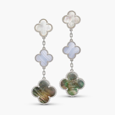 View full screen - View 1 of Lot 1398. Pair of Mother-of-Pearl and Chalcedony 'Magic Alhambra' Earrings | 梵克雅寶 | 貝母 配 玉髓 ‘Magic Alhambra’ 耳環一對.