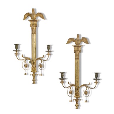 View full screen - View 1 of Lot 105. A pair of George III carved giltwood twin branch wall lights, late 18th century.