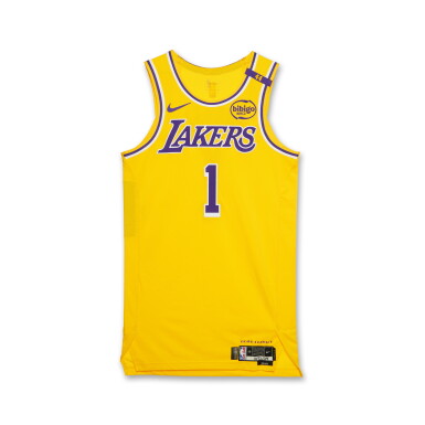 View full screen - View 1 of Lot 25. D'Angelo Russell Los Angeles Lakers 2024-2025 Kia NBA Tip-Off Game Worn Icon Edition Jersey.