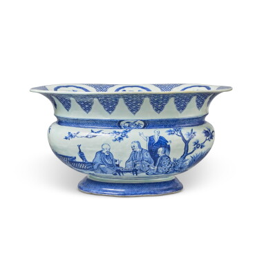 View full screen - View 1 of Lot 689. An Important Large Chinese Export Blue and White 'Doctor's Visit' Basin, Qing Dynasty, Qianlong Period, circa 1740.