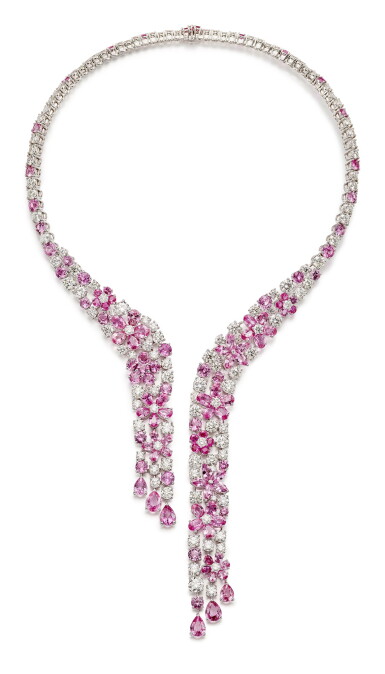 View full screen - View 1 of Lot 1422. GRAFF | PINK SAPPHIRE AND DIAMOND NECKLACE | 格拉夫 | 粉紅剛玉 配 鑽石 項鏈 ( 粉紅剛玉及鑽石共重約52.52及31.51卡拉 ).