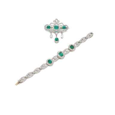 View full screen - View 1 of Lot 771. Emerald and diamond demi-parure, circa 1910.