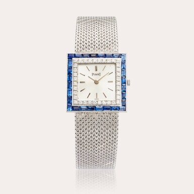 View full screen - View 1 of Lot 368. Reference 9203 B91 | A white gold, sapphire and diamond-set square shaped bracelet watch, Circa 1975 .