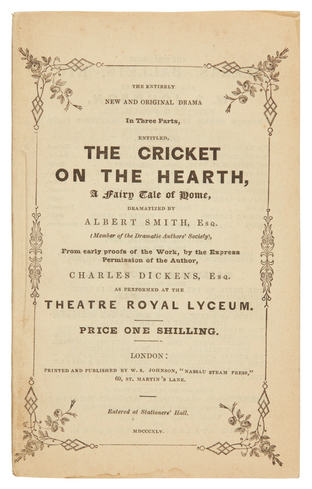 View full screen - View 1 of Lot 122. Dickens, The Cricket on the Hearth...Dramatized by Albert Smith, 1845, first edition .