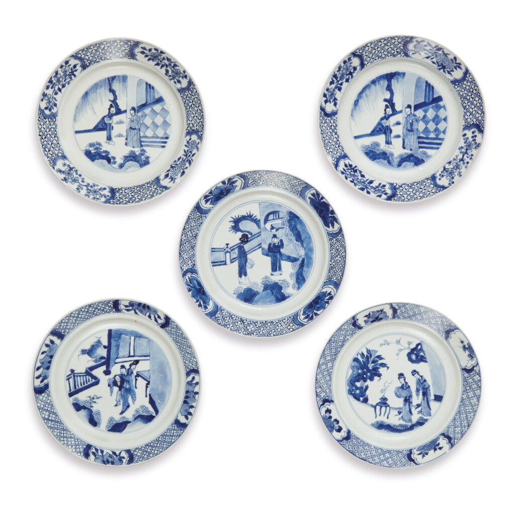View full screen - View 1 of Lot 1003. FIVE BLUE AND WHITE 'FIGURAL' DISHES, KANGXI MARKS AND PERIOD.