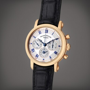 View full screen - View 1 of Lot 378. Reference 3870 NA DF | A pink gold double-dialed chronograph wristwatch with tachometer, telemeter, and pulsations dial, Circa 1995.