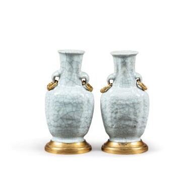 View full screen - View 1 of Lot 197. A pair of gilt-bronze mounted cracked celadon porcelain vases, China, 19th century and late 19th century | Paire de vases en porcelaine craquelée céladon, Chine XIXe siècle et monture de bronze doré, fin XIXe siècle.