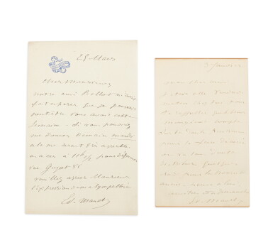 View full screen - View 1 of Lot 36. 2 lettres autographes signées, inédites, 1872 et 1882. L'une à un modèle, probablement celui du "Le bon bock", l'autre à Antonin Proust..