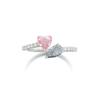 View full screen - View 1 of Lot 722. Fancy Intense Pink diamond and Fancy Grayish Blue diamond ring.
