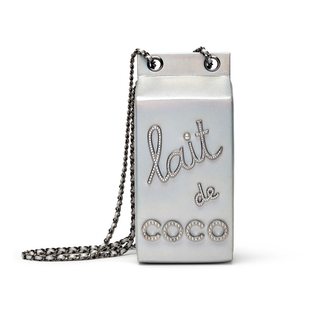 View full screen - View 1 of Lot 94. Iridescent Silver Goatskin Lait de Coco Milk Carton Bag Ruthenium Hardware, 2014.