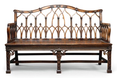 View full screen - View 1 of Lot 51. A GEORGE III STYLE GOTHIC PATTERN MAHOGANY BENCH.