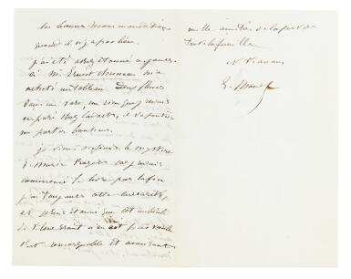 View full screen - View 1 of Lot 37. Lettre autographe signée à Baudelaire. 1865. Sur son tableau "Jésus insulté par les soldats", exposé au salon de 1865, et à propos de la traduction de Poe par Baudelaire..