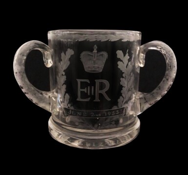 View full screen - View 1 of Lot 27. An engraved glass tyg celebrating the Coronation of Queen Elizabeth II, 1953.
