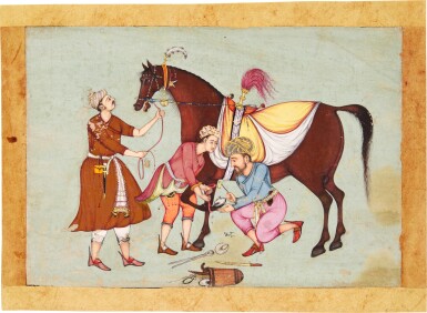 View full screen - View 1 of Lot 189. A royal horse with three grooms, India, Mughal, late 16th/ early 17th century.