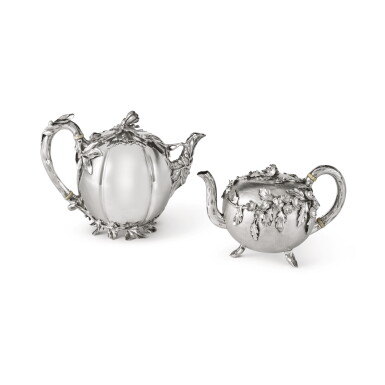 View full screen - View 1 of Lot 309. TWO VICTORIAN SILVER FRUIT-FORM TEAPOTS, BARNARD BROTHERS AND CHARLES FOX II, LONDON, 1837 AND 1840.