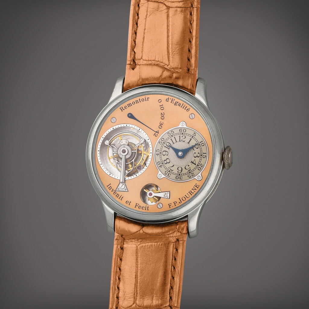 View full screen - View 1 of Lot 95. Tourbillon Souverain à Remontoir d'Égalité | A platinum tourbillon wristwatch with constant force remontoir, power reserve indication and brass movement | Circa 2001.