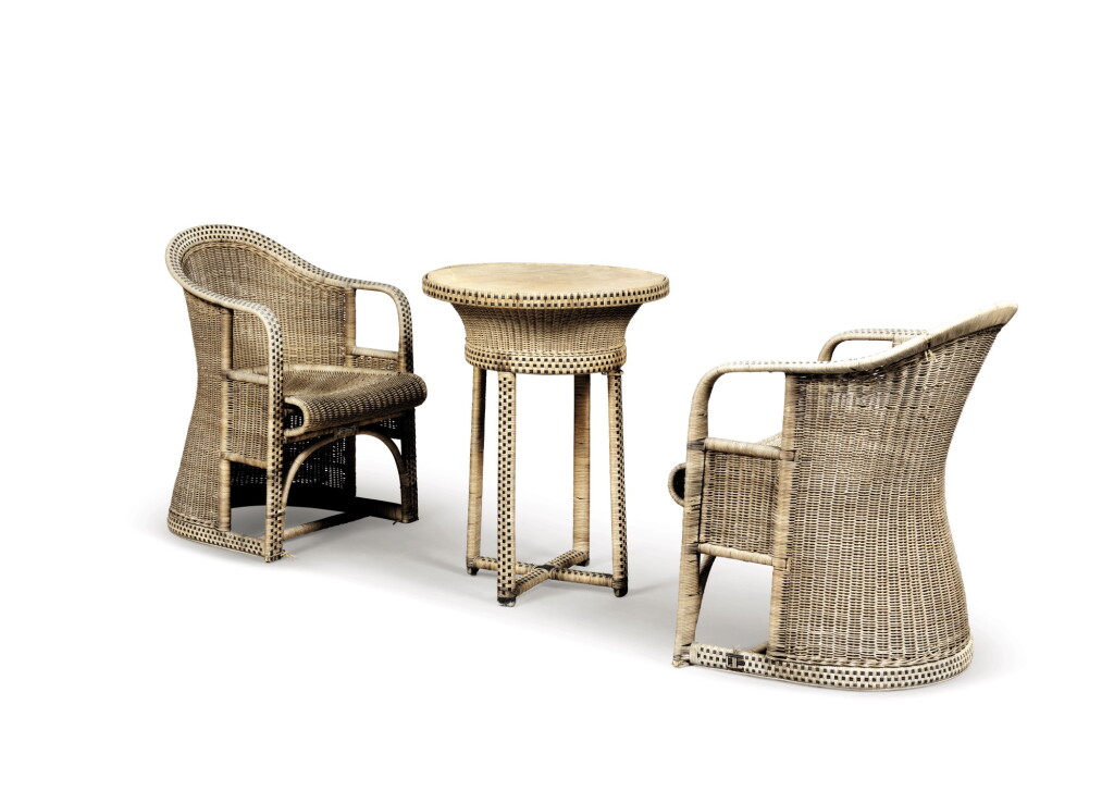 View full screen - View 1 of Lot 102. A rattan set comprising a circular table and two armchairs, Jugendstil, Vienna, 1910.