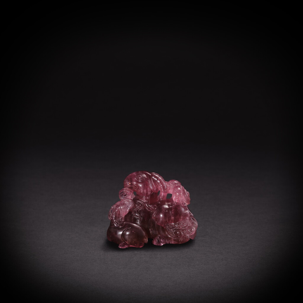 View full screen - View 1 of Lot 3566. A tourmaline 'three rams' group, Qing dynasty, 18th century | 清十八世紀 碧璽三羊開泰擺件.