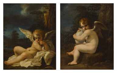 View full screen - View 1 of Lot 108. FOLLOWER OF BARTOLOMEO SCHEDONI, 18TH CENTURY | CUPID WITH A VASE; CUPID MUSING.