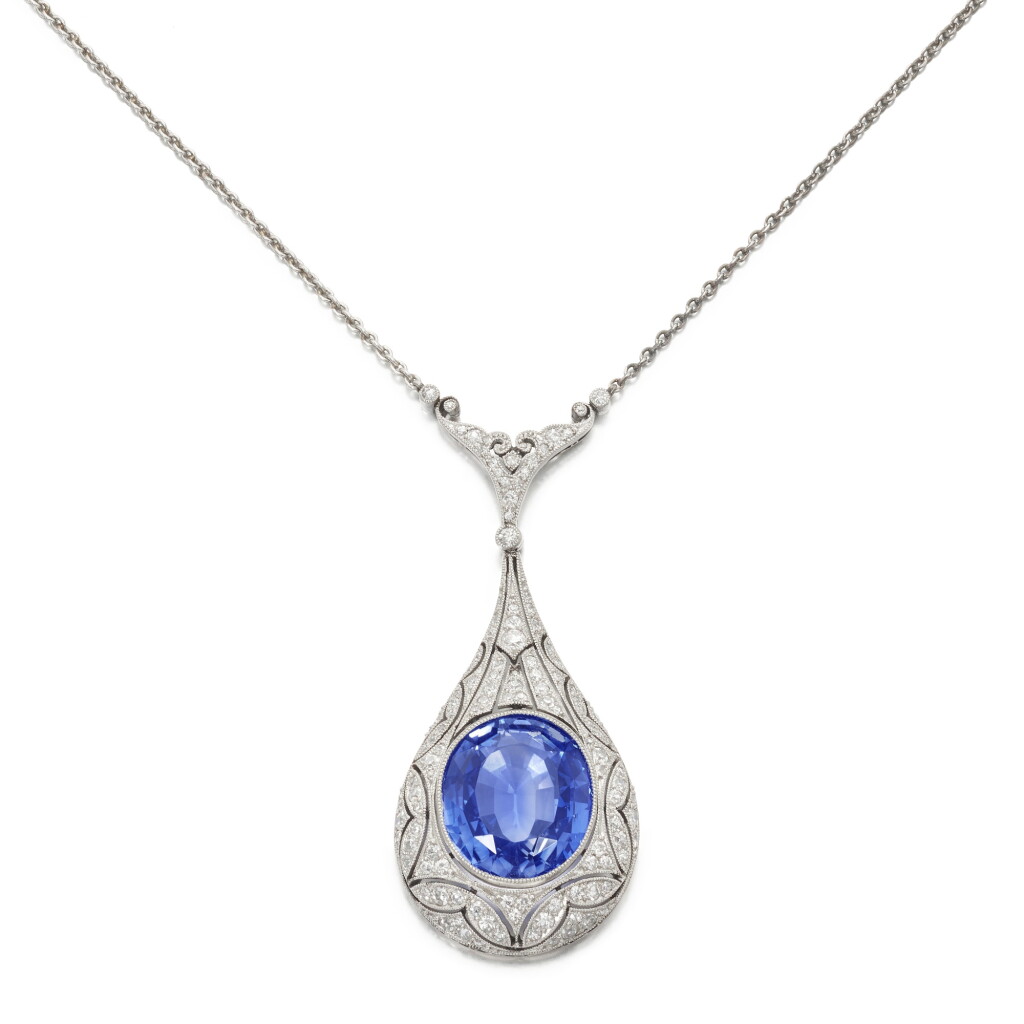View full screen - View 1 of Lot 838. Sapphire and diamond pendent necklace, circa 1910.