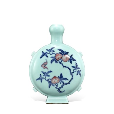 View full screen - View 1 of Lot 9308. A celadon-ground underglaze-blue and copper-red 'bat and fruits' pilgrim flask, Seal mark and period of Qianlong | 清乾隆 粉青地青花釉裡紅福壽雙全四繫扁壺.