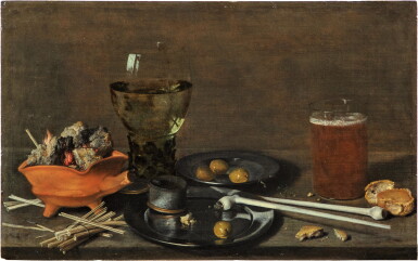 View full screen - View 1 of Lot 16. Still life with a large glass of wine and clay pipes | Nature morte au grand verre de vin et aux pipes.