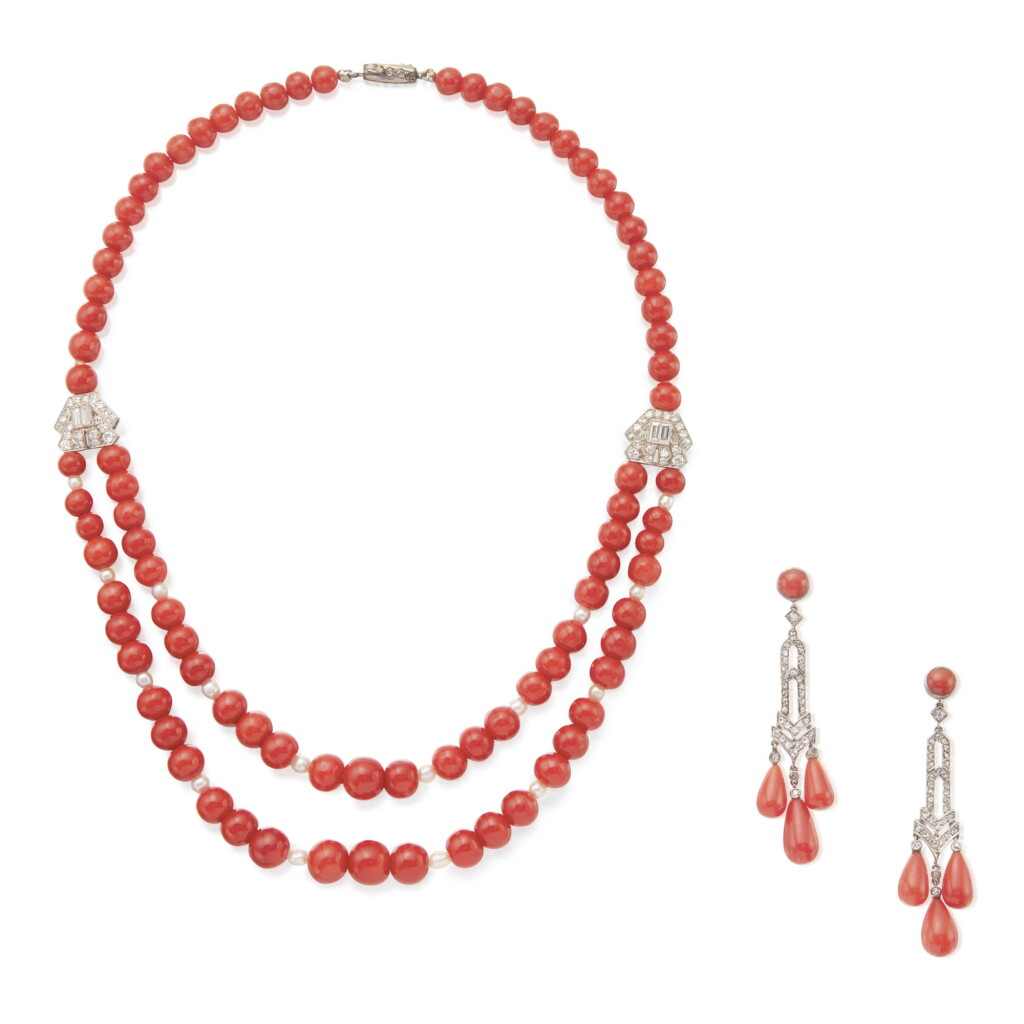 View full screen - View 1 of Lot 30. CORAL, SEED PEARL AND DIAMOND NECKLACE AND PAIR OF EARRINGS.