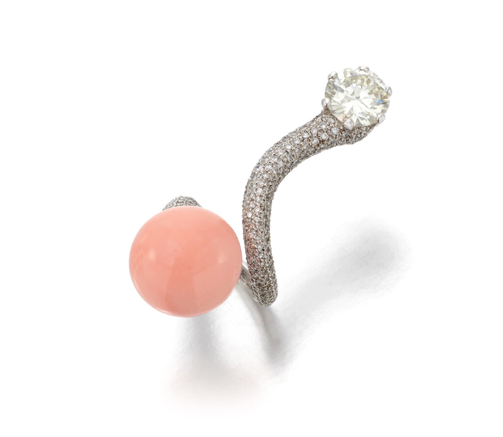 View full screen - View 1 of Lot 71. PETOCHI | CORAL AND DIAMOND RING (ANELLO CON CORALLO E DIAMANTI).