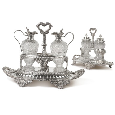 View full screen - View 1 of Lot 231. A Pair of Regency Silver Two-Bottle Large Cruet Frames, Paul Storr, London, 1816.