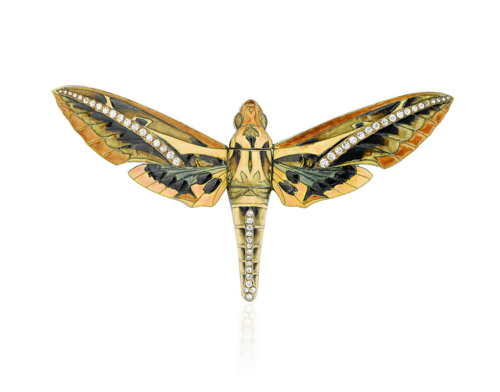 View full screen - View 1 of Lot 8. Clip émail et diamants, "Papillon de Nuit" | Enamel and diamond clip, 'Night Butterfly'.