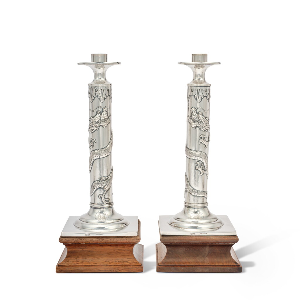 View full screen - View 1 of Lot 417. A Pair of Chinese Export Silver Dragon Candlesticks, Tuck Chang & Co., Shanghai, Circa 1900.