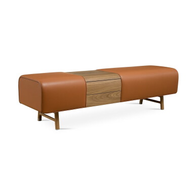 View full screen - View 1 of Lot 680. Fauve Taurillon H and Canaletto Walnut Wood Cheval d'arçons Bench Brushed Stainless Steel Hardware, 2024.
