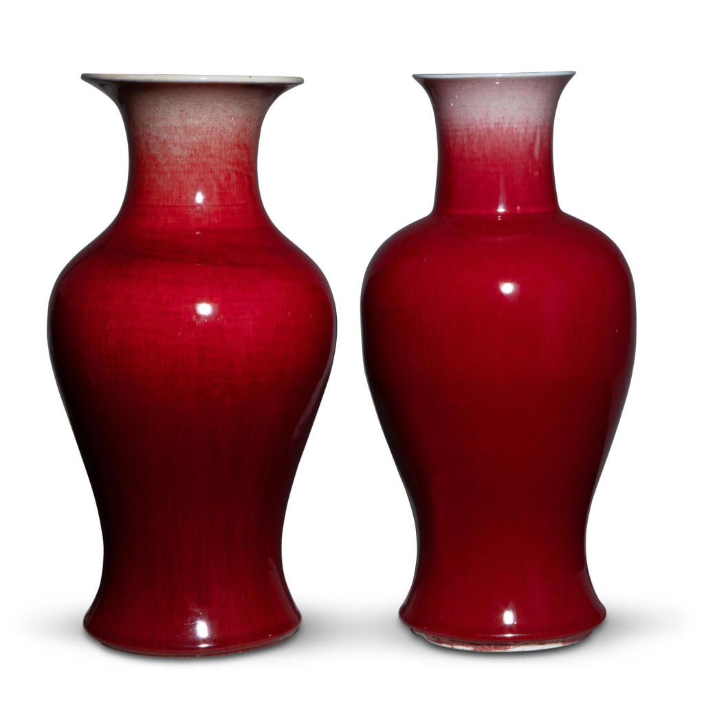 View full screen - View 1 of Lot 1002. Two 'Langyao' copper-red-glazed baluster vases, 19th - 20th century | 十九至二十世紀 郎窰紅釉瓶一組兩件.