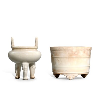 View full screen - View 1 of Lot 3322. Two Chaozhou white-glazed incense burners, Yuan - Ming dynasty | 元至明 潮州窰白釉香爐兩件.