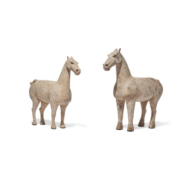 View full screen - View 1 of Lot 1153. Two large painted gray pottery figures of a horse, Han dynasty | 漢 灰陶加彩馬一組兩件 .