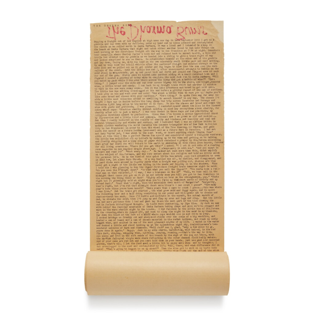 View full screen - View 1 of Lot 55. Kerouac, Jack | Typescript scroll of The Dharma Bums. Typed by Kerouac in Orlando, Florida, 1957, published by Viking in 1958.