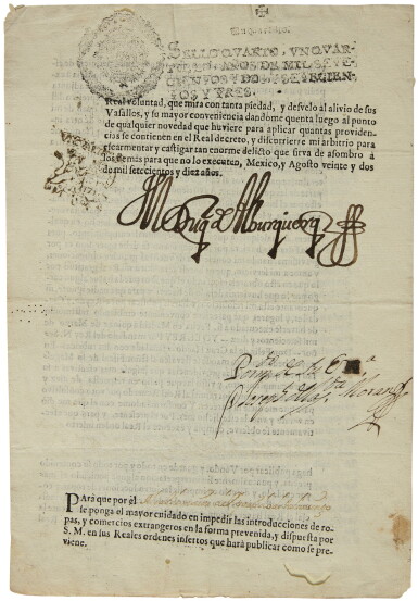 View full screen - View 1 of Lot 2110. Francisco Fernández de la Cueva, 10th Duke of Alburquerque, printed document signed, 22 August 1710.