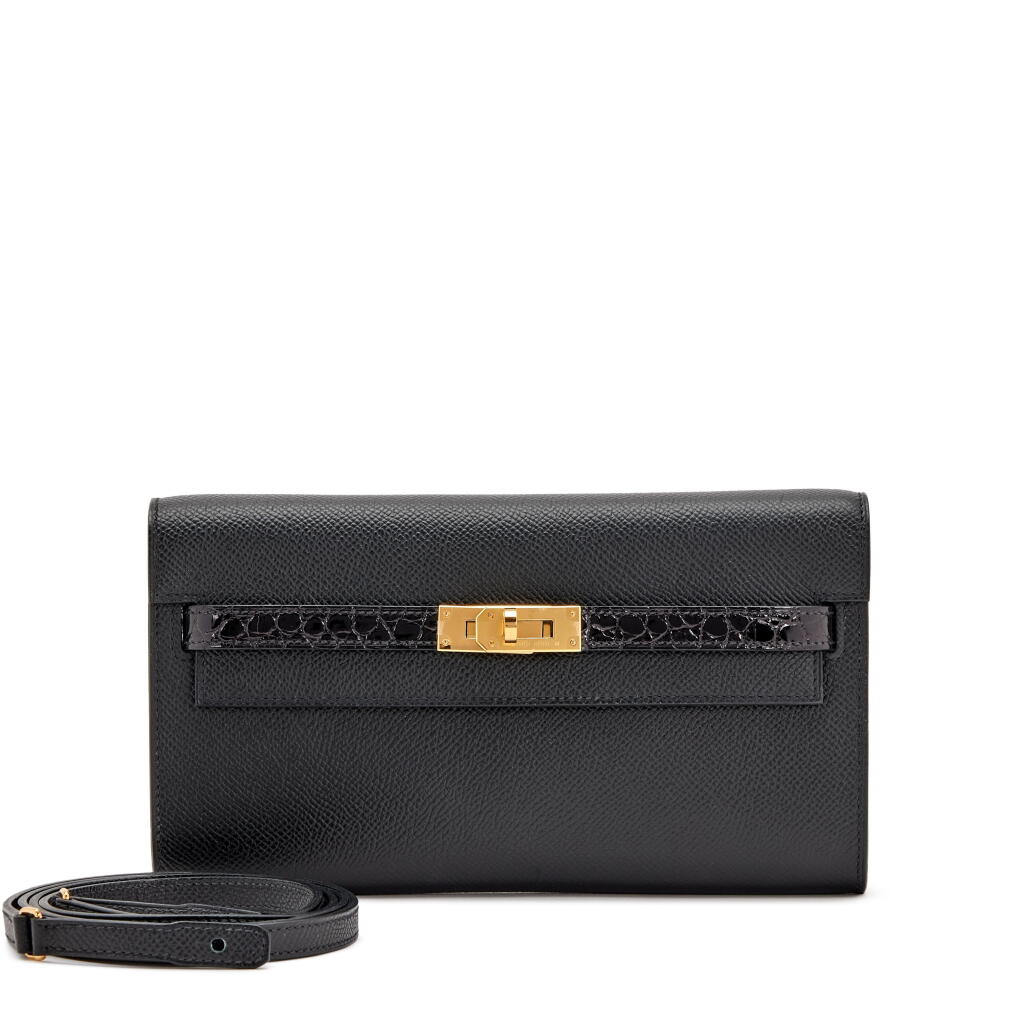 View full screen - View 1 of Lot 164. Black Niloticus Crocodile and Epsom Touch Kelly To Go Wallet Gold Hardware, 2022.