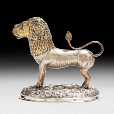 View full screen - View 1 of Lot 5. A German large parcel-gilt corporation cup shaped as a lion on a terrace, probably Lüneburg circa 1580 | Grand lion en argent et vermeil formant coupe de corporation sur sa terrasse, probablement Lünebourg vers 1580.