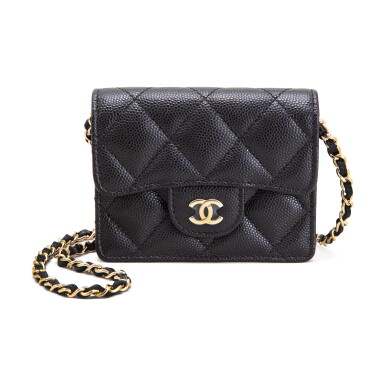 View full screen - View 1 of Lot 124. Black Quilted Grained Calfskin Classic Single Flap Card Holder with Chain Gold Hardware, 2020-2021.