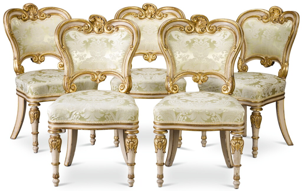 View full screen - View 1 of Lot 45. A SET OF FIVE WILLIAM IV WHITE PAINTED PARCEL-GILT SIDE CHAIRS, CIRCA 1830, PROBABLY DESIGNED BY PHILIP HARDWICK AND POSSIBLY SUPPLIED BY W & C WILKINSON, LONDON.