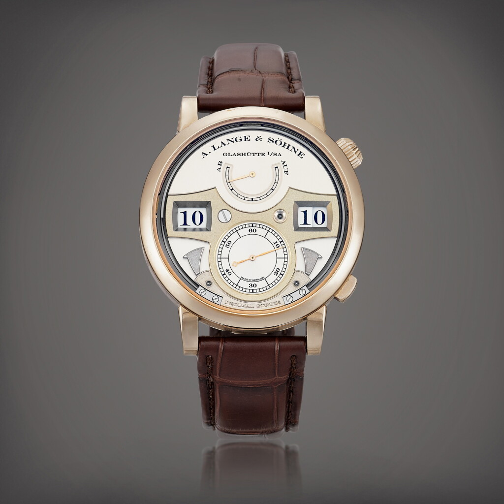 View full screen - View 1 of Lot 2165. Zeitwerk Decimal Strike Honeygold, Reference 143.050 | A limited edition honey gold wristwatch with ten-minute striking mechanism, digital time display and power reserve indication, Circa 2018 | 朗格 | ZEITWERK DECIMAL STRIKE HONEYGOLD 型號143.050 | 限量版蜜糖金腕錶,備十分鐘鳴響裝置、跳字及動力儲備顯示,約2018年製.